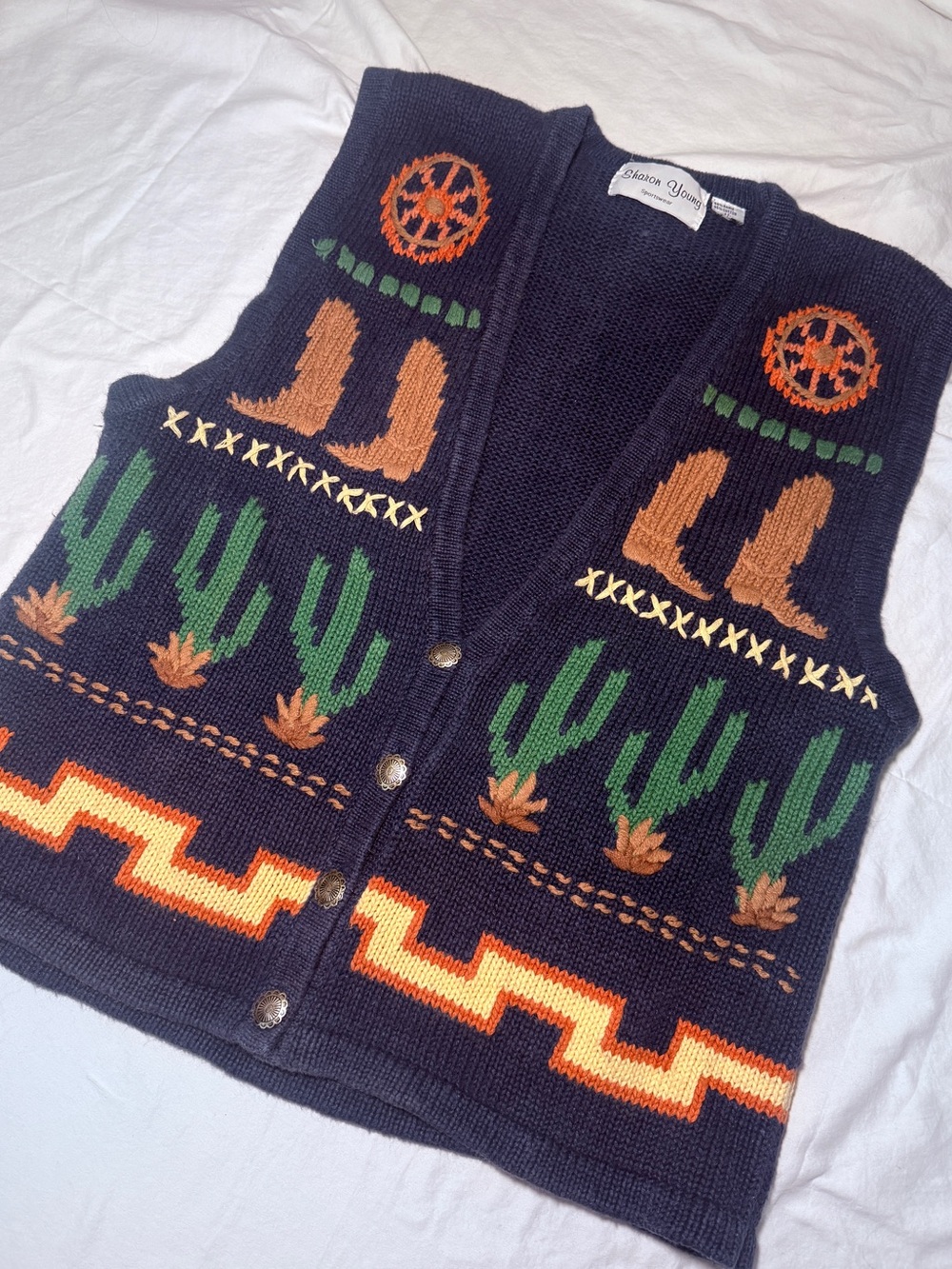 Sharon Young Navy Knit Vest with Orange & Green Accents